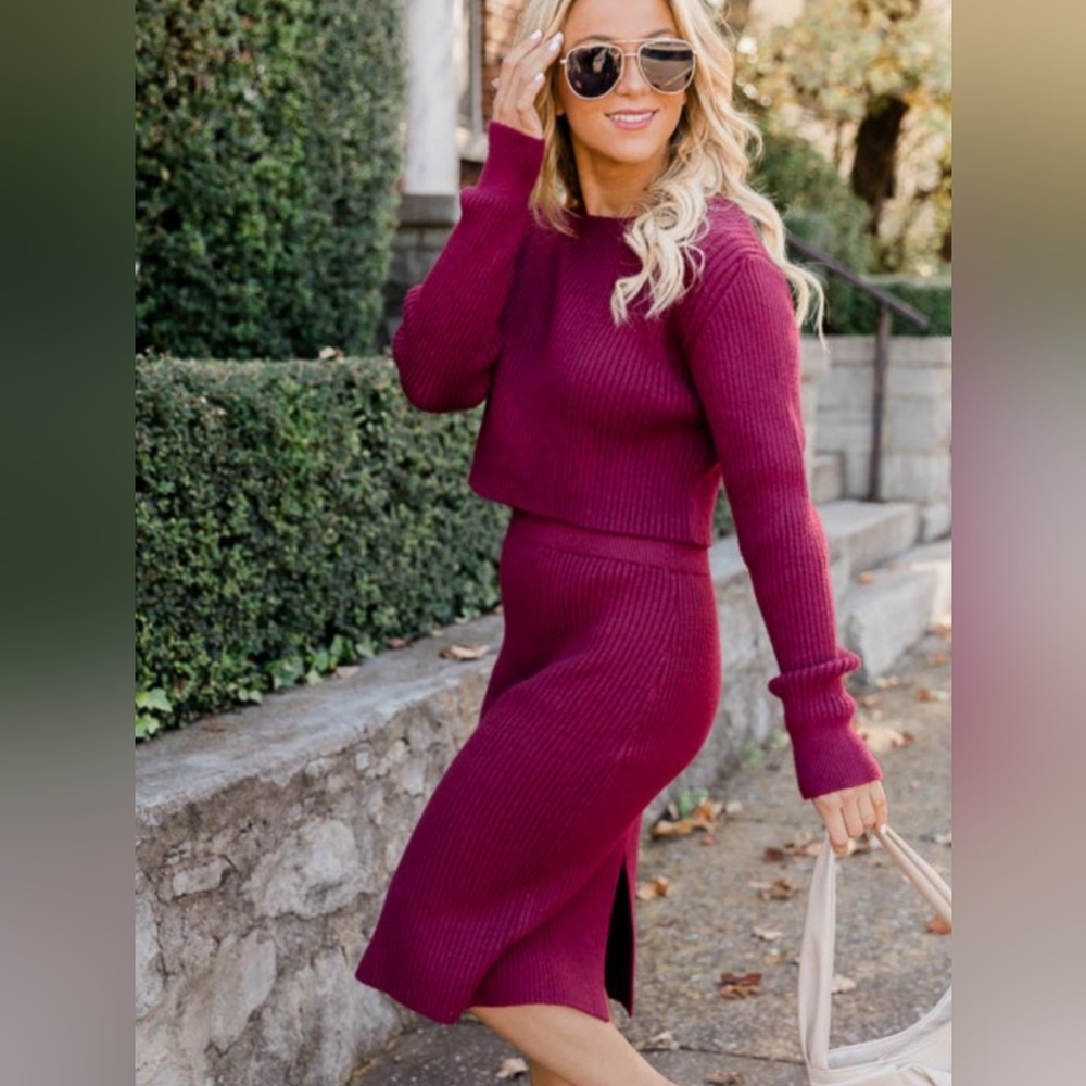 Pink Lily burgundy two-piece sweater top & skirt